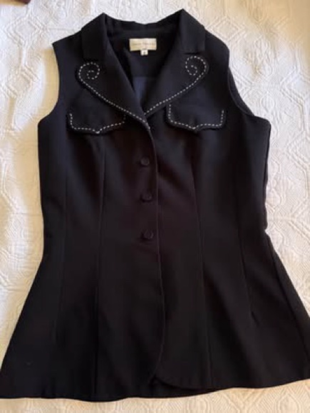 Sleeveless Black Button Front Vest with Embellished Collar